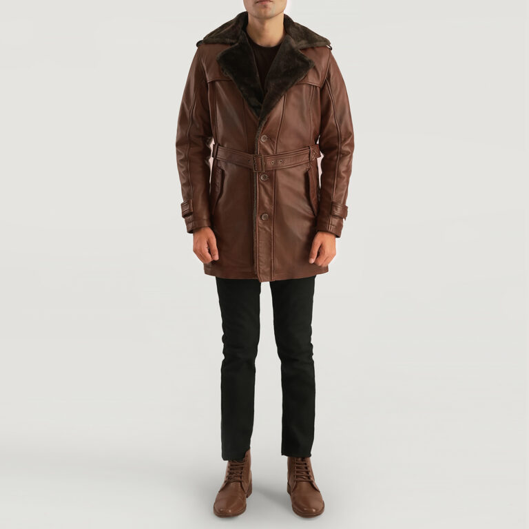Mens Hunter Distressed Brown Fur Leather Coat Full Length-2-1701087270107